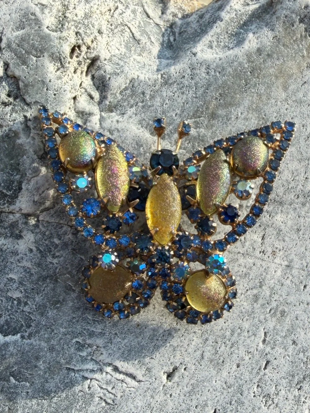 Vintage Blue Frosted Unique Crystal Butterfly Statement Brooch